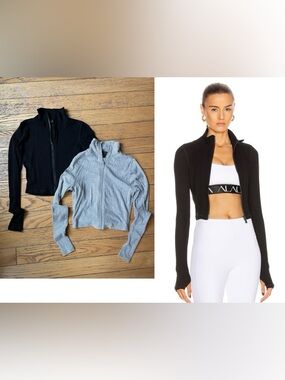 ALALA Set/ 2 Black & Grey Rise Full Zip Up Mock Neck Knit Cropped Jacket Tops XS